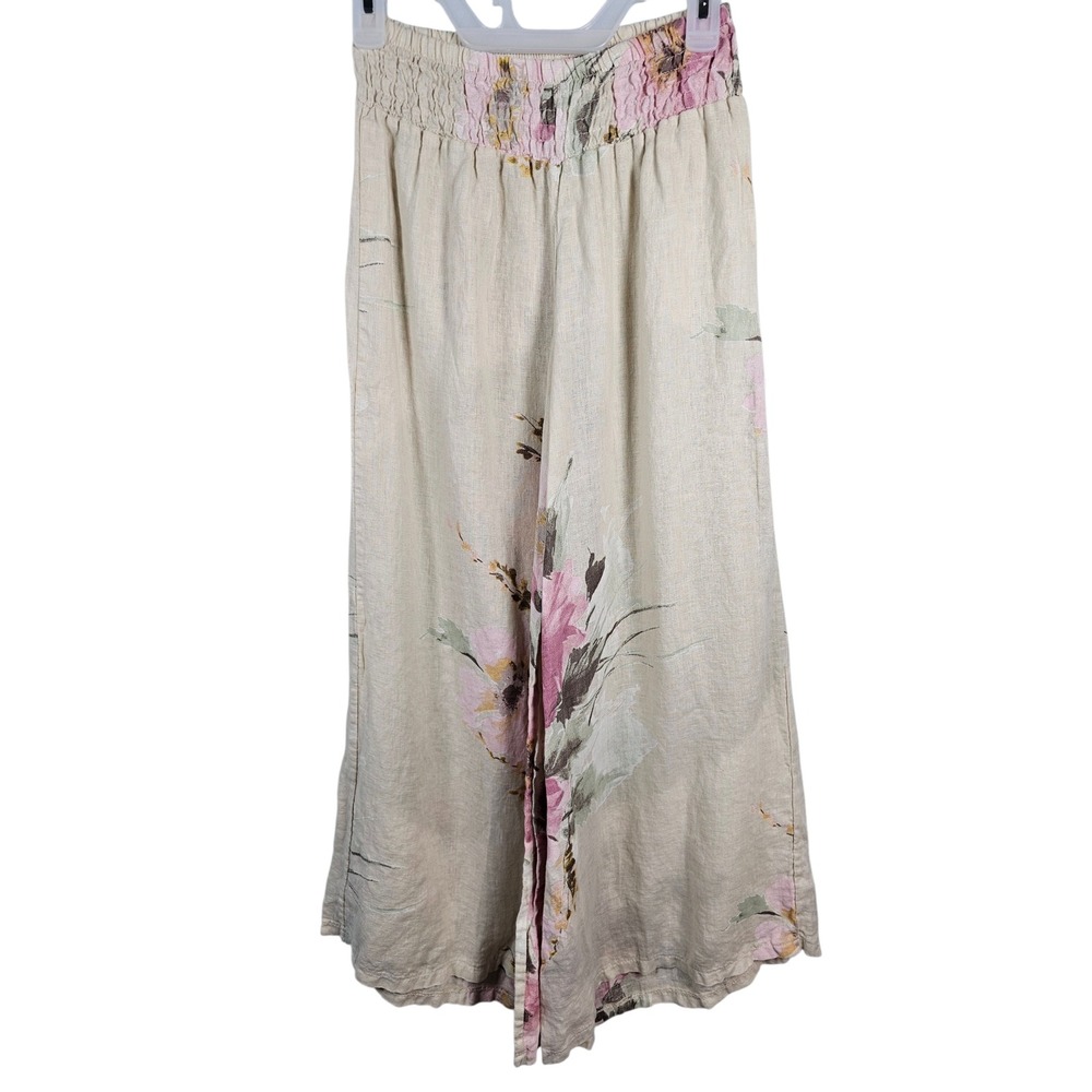 Tempo Paris Wide Leg Floral Smocked Waist 100% Linen Boho Pants Womens Small